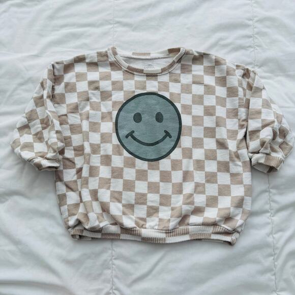 Roe + Cru White Ten Checkered Teal Smiley Face Graphic Print Sweatshirt Size 12M - Picture 1 of 5